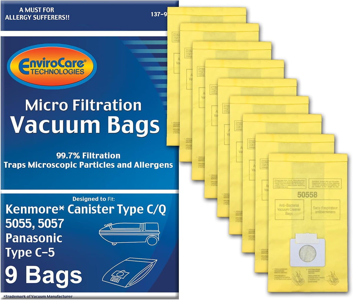 ENVIROCARE 9CT VACUUM BAGS 137-9 KENMORE TYPE C 5055, 50557, 50558, PANASONIC C5
