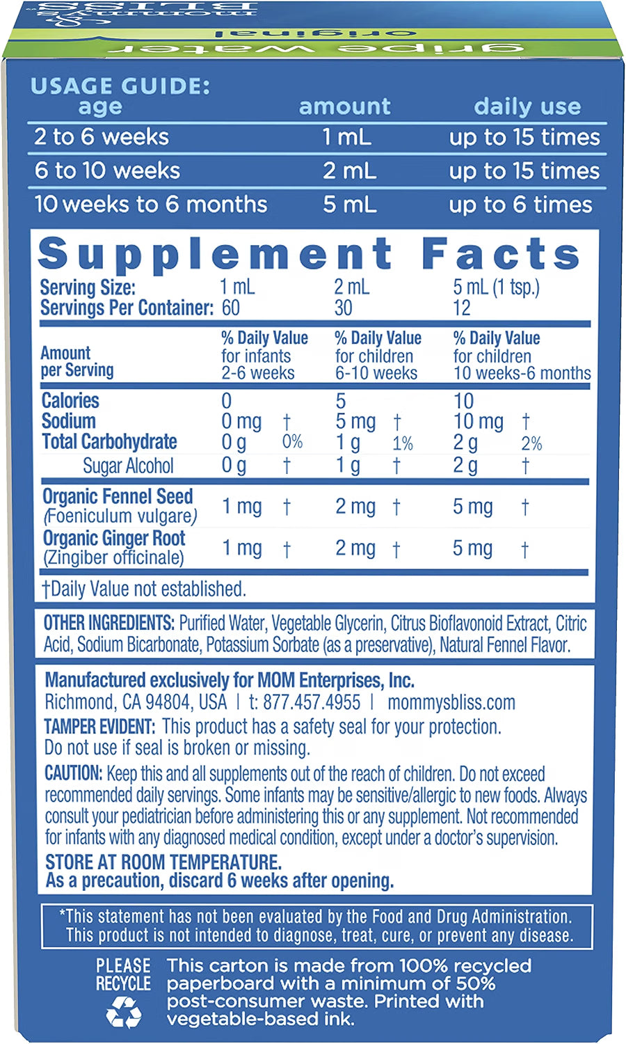 MOMMY'S BLISS GRIPE WATER ORIGINAL 2 FL OZ GAS COLIC HICCUPS EXP 04/2027 SEALED