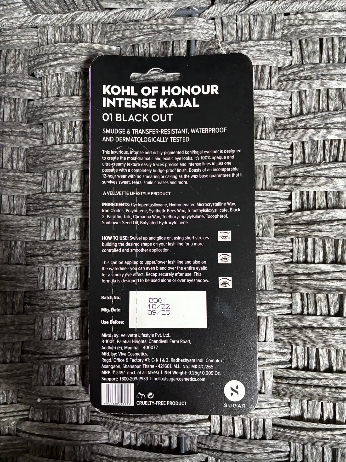 SUGAR KOHL OF HONOUR INTENSE KAJAL 01 BLACK OUT EXP 09/25