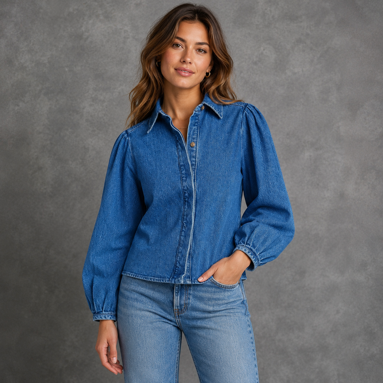 SCOOP WOMEN'S DENIM SHIRT WITH 3/4 LENGTH PUFF SLEEVES - SIZE SMALL (4-6)