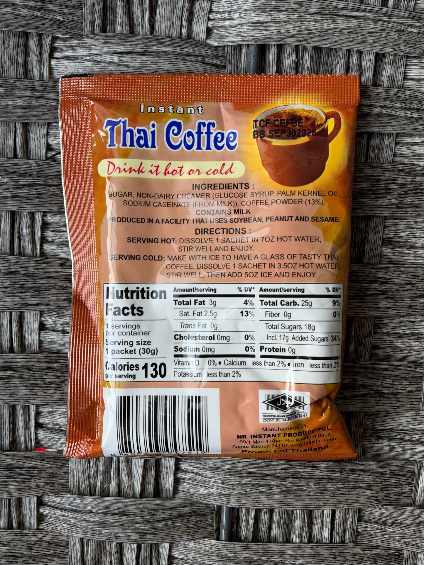 DEDE INSTANT THAI COFFEE 3 IN 1 DRINK IT HOLD OR COLD NET WT 1 OZ 30G EXP. 09/30/2026