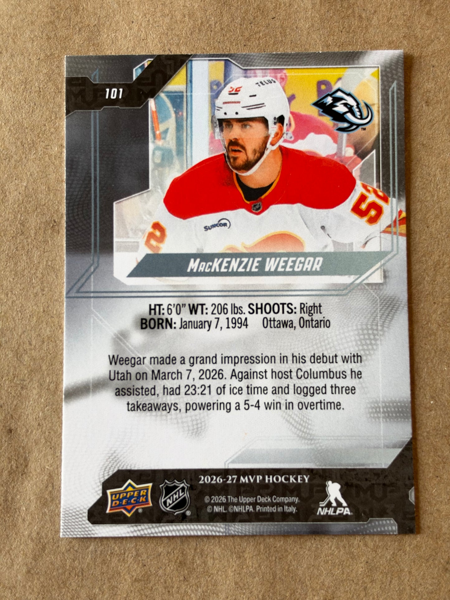 2026-27 MVP HOCKEY UPPER DECK - MACKENZIE WEEGAR #101 (UTAH MAMMOTH)