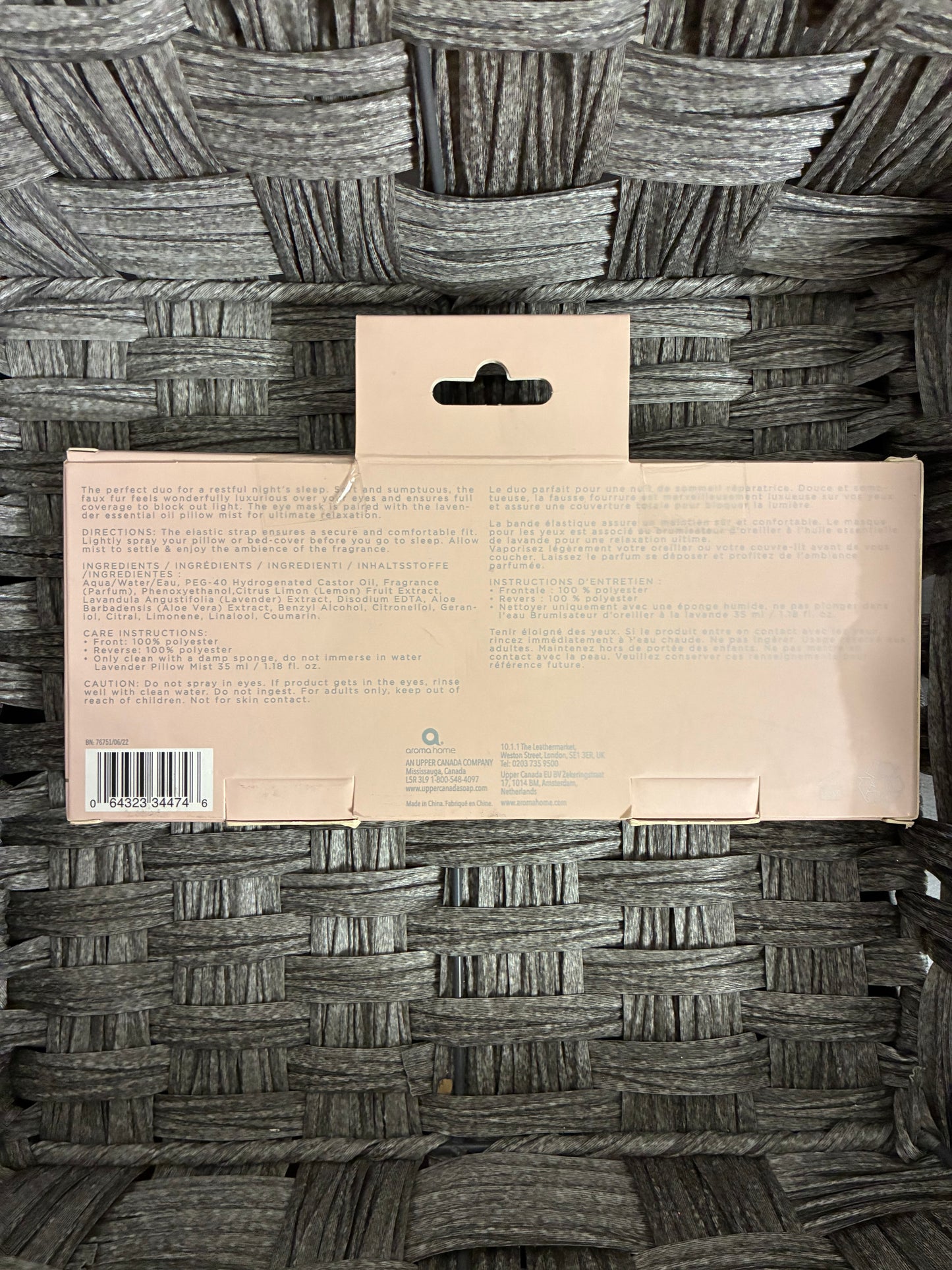 AROMA HOME EYE MASK & PILLOW MIST LAVENDER GRAY FAUX FUR