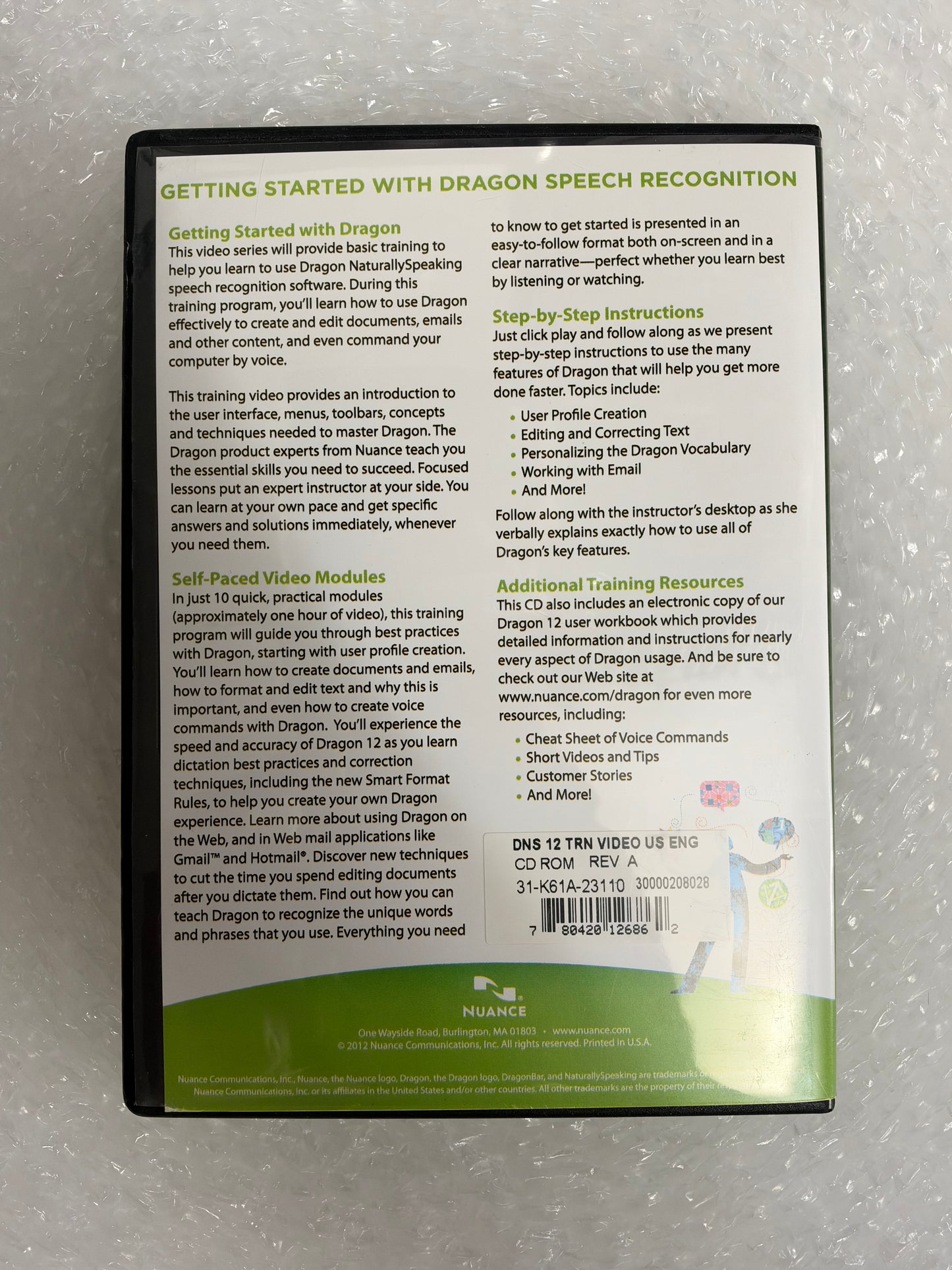 NUANCE DRAGON NATURALLY SPEAKING VERSION 12 TRAINING VIDEO FOR SOFTWARE - USED