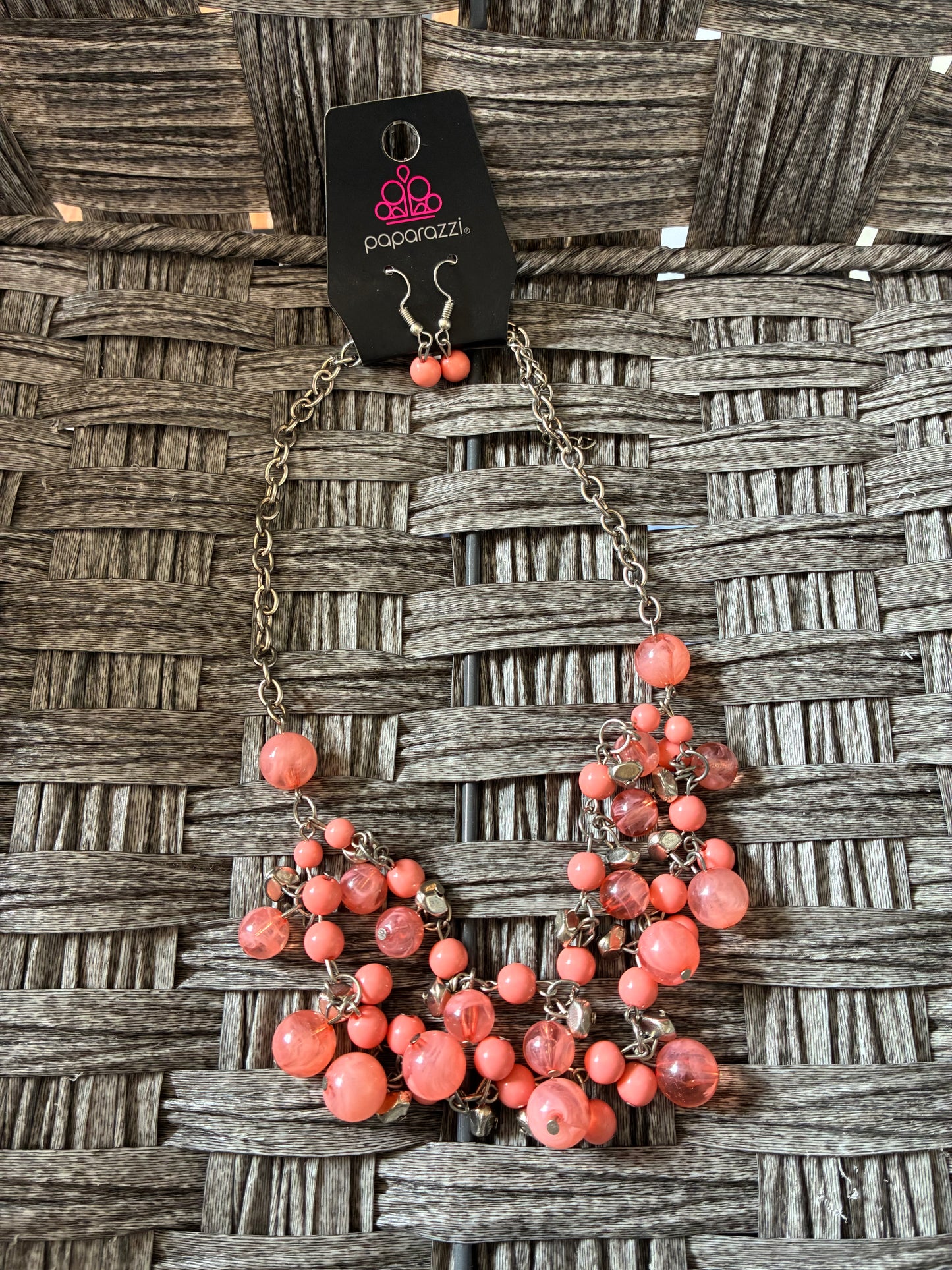 PAPARAZZI PINK BEADED SILVER TONE NECKLACE 16" WITH MATCHING EARRINGS
