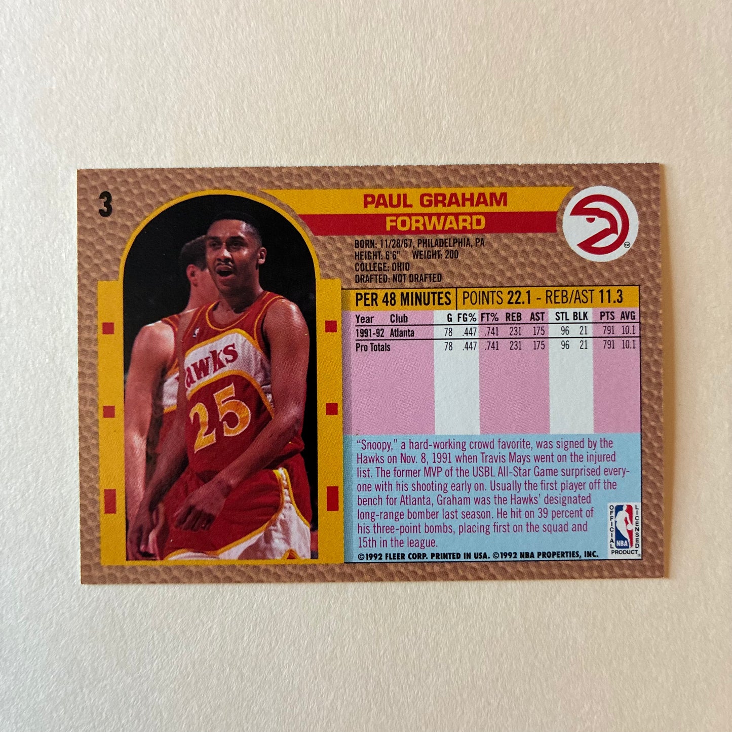 1992 FLEER TRADING CARD - PAUL GRAHAM #3 (HAWKS) - GOOD COND.