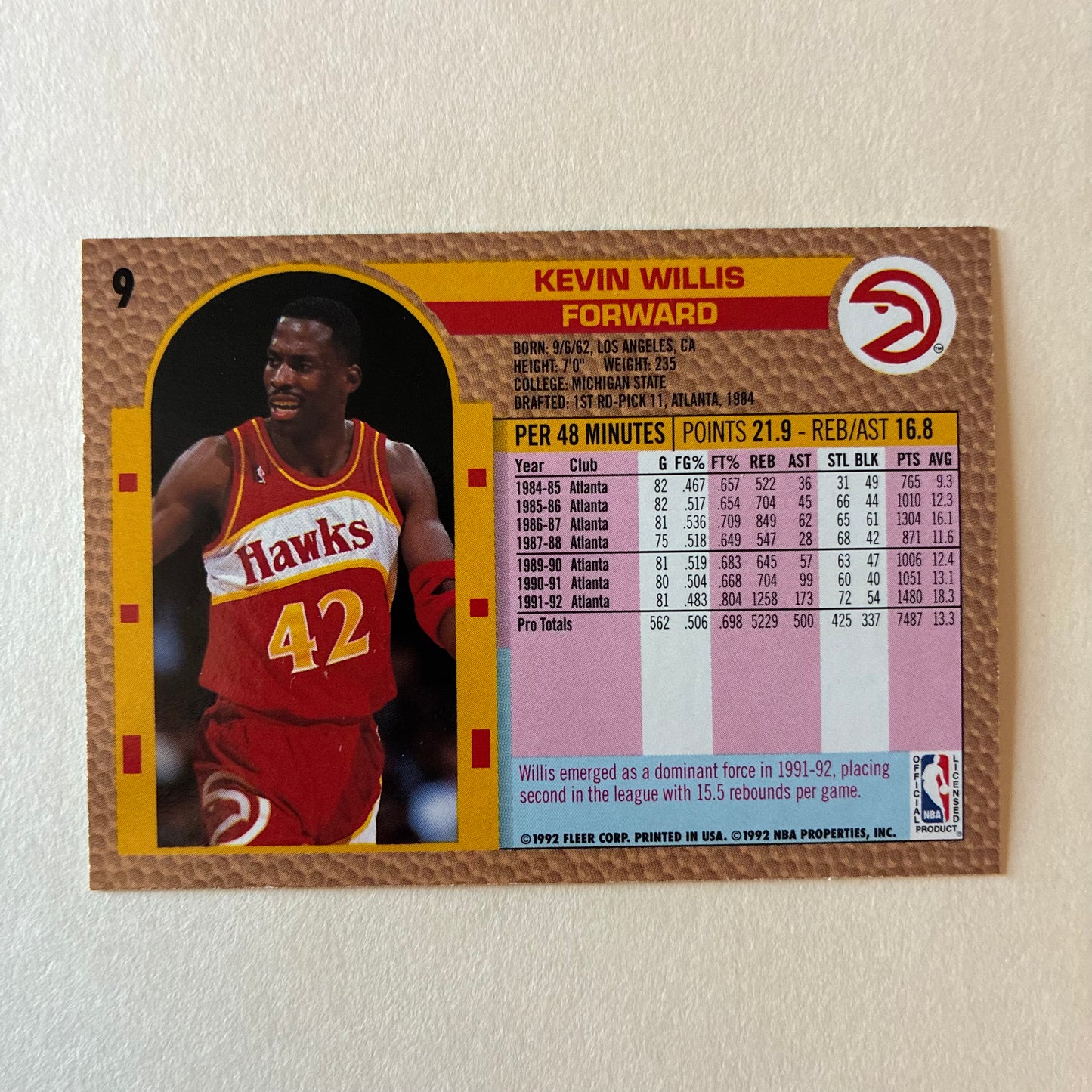 1992 FLEER TRADING CARD - KEVIN WILLIS #9 (HAWKS) - GOOD COND.