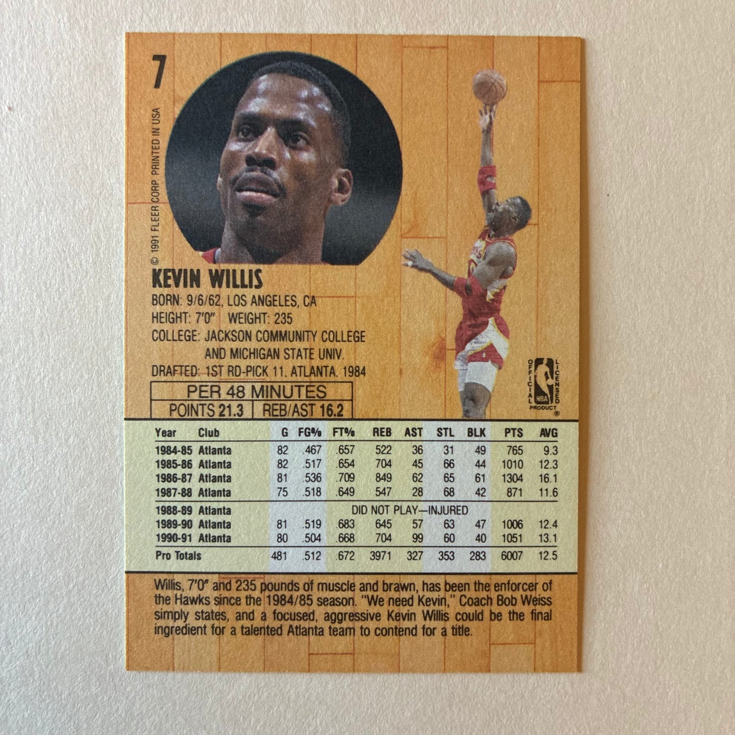 1991 FLEER TRADING CARD - KEVIN WILLIS #7 (HAWKS) - GOOD COND.B