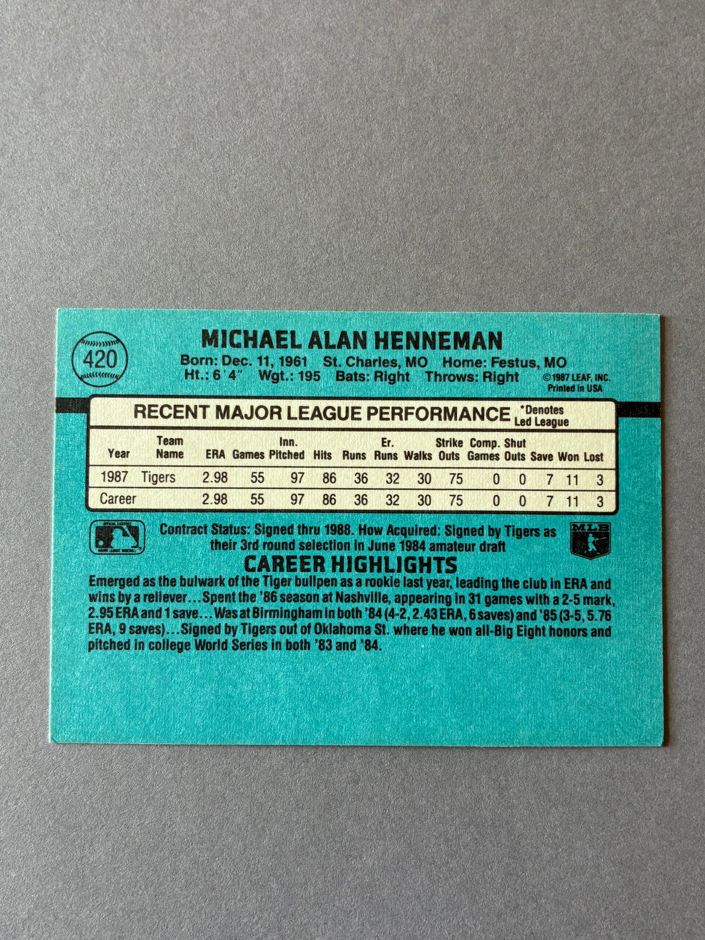 1988 DONRUSS - MIKE HENNEMAN #420 DETROIT TIGERS