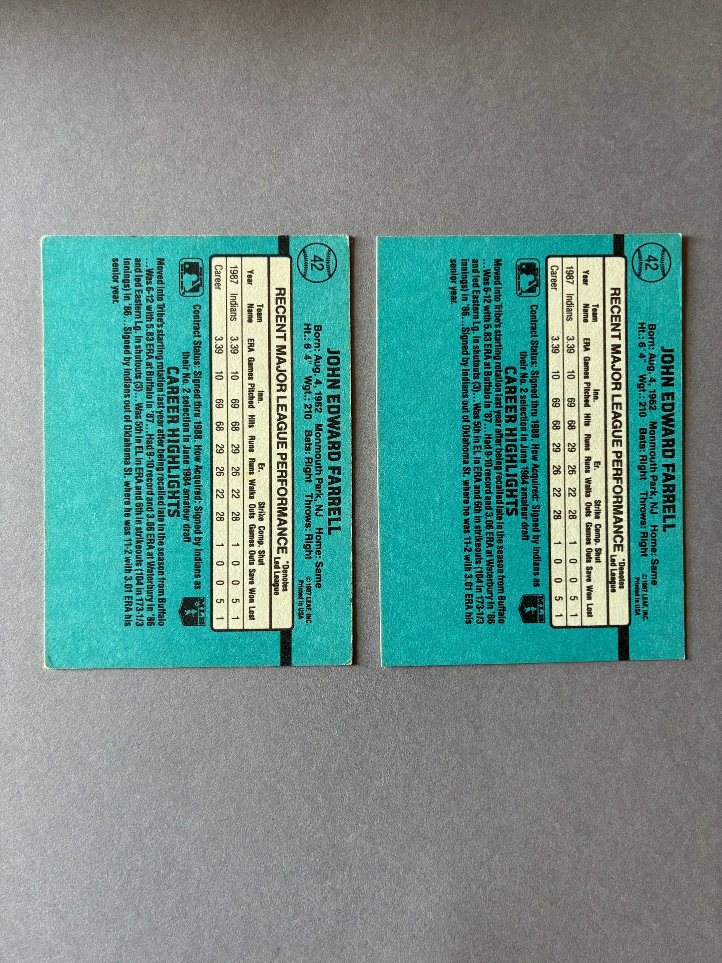 (LOT OF 2) 1988 DONRUSS - JOHN FARRELL #42 INDIANS