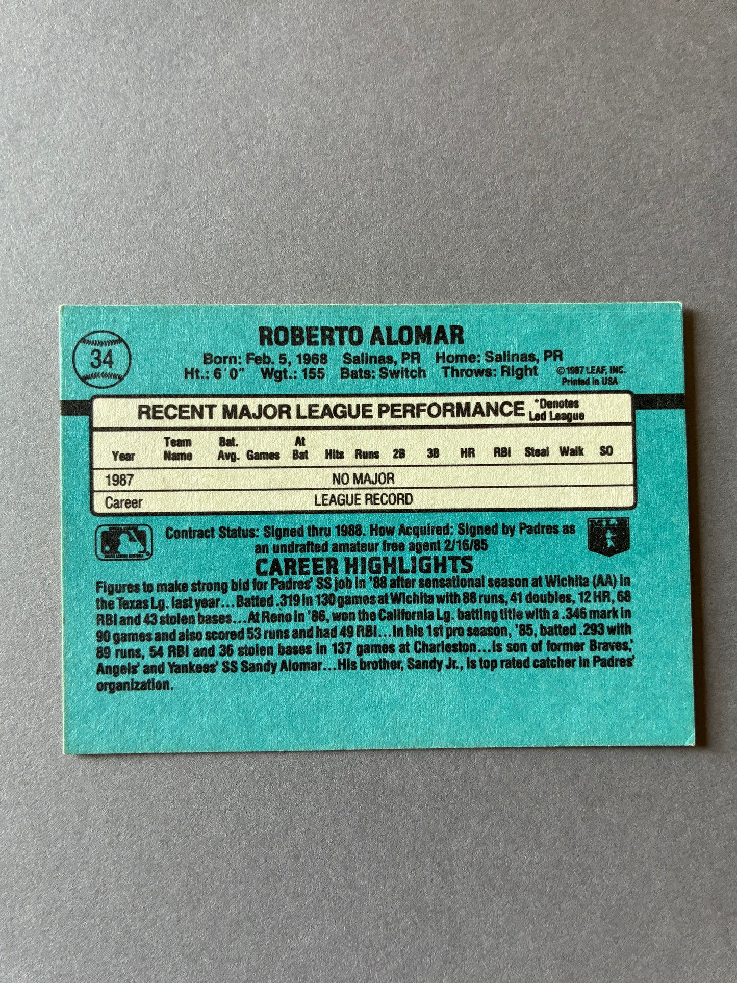 1988 DONRUSS - ROBERTO ALOMAR #34 PADRES