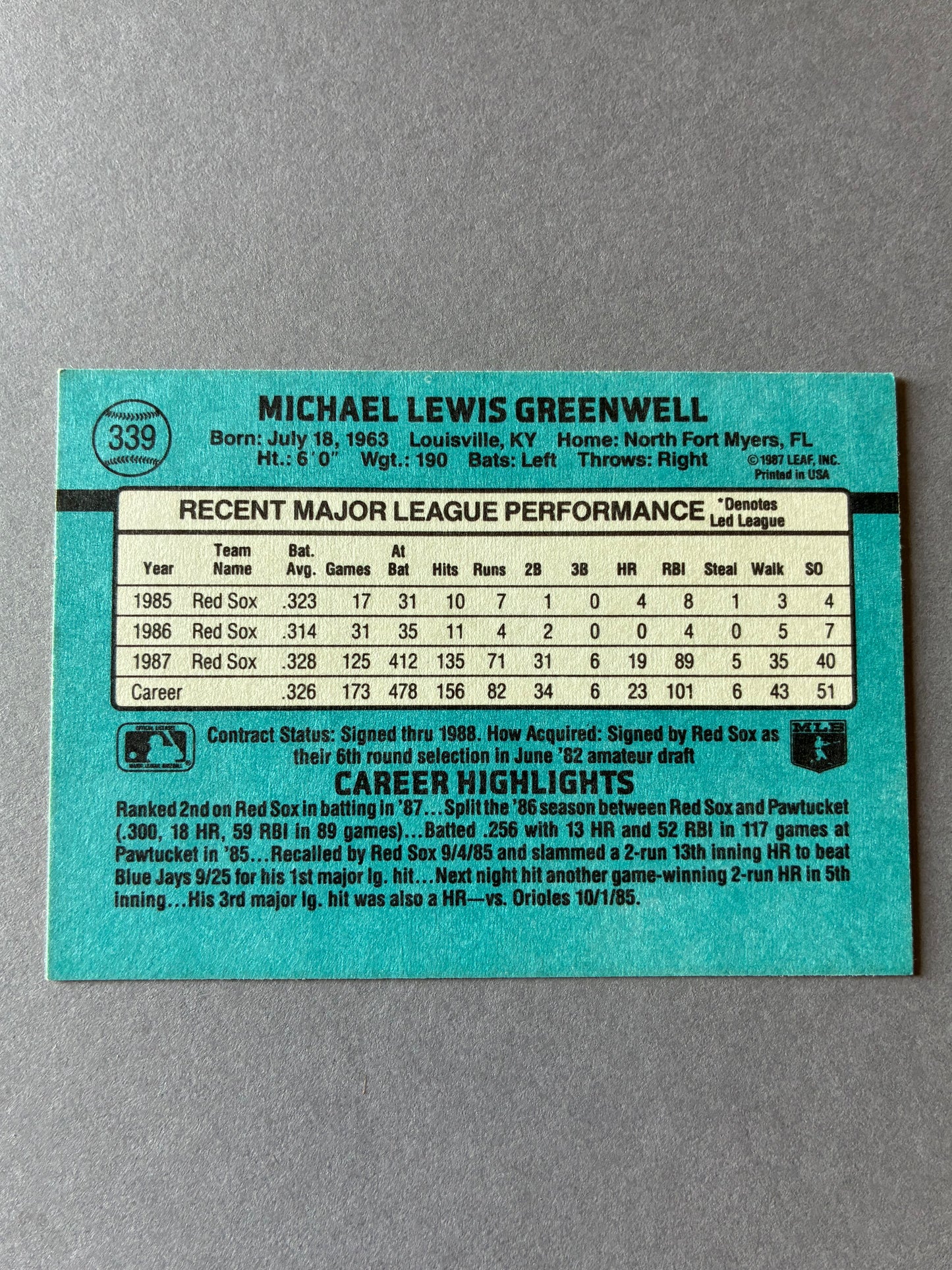 1988 DONRUSS - MIKE GREENWELL #339 BOSTON RED SOX