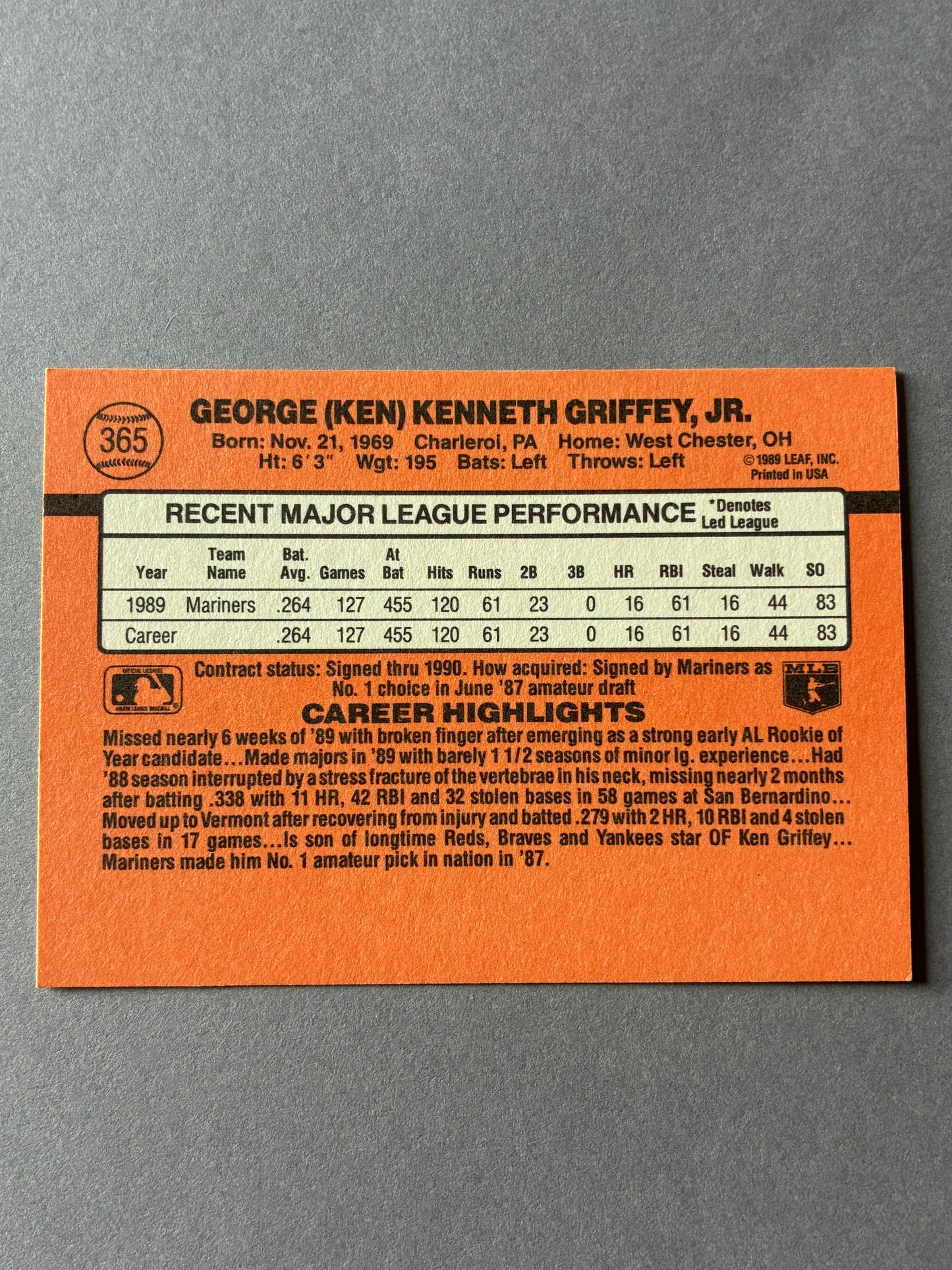 1990 DONRUSS - GEORGE (KEN) KENNETH GRIFFEY, JR. #365 (MARINERS)