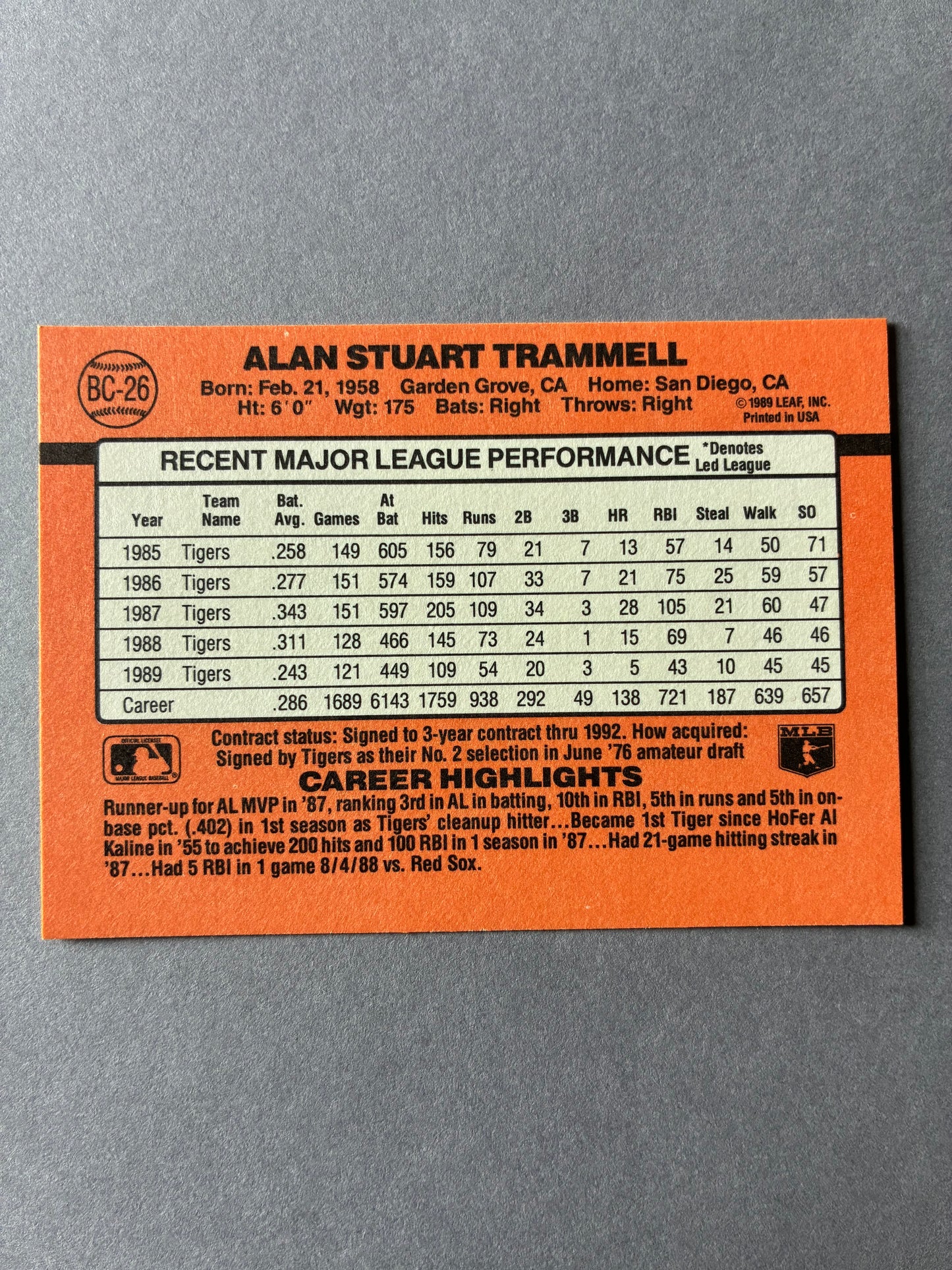 1990 DONRUSS - ALAN STUART TRAMMELL #BC-26 (TIGERS)