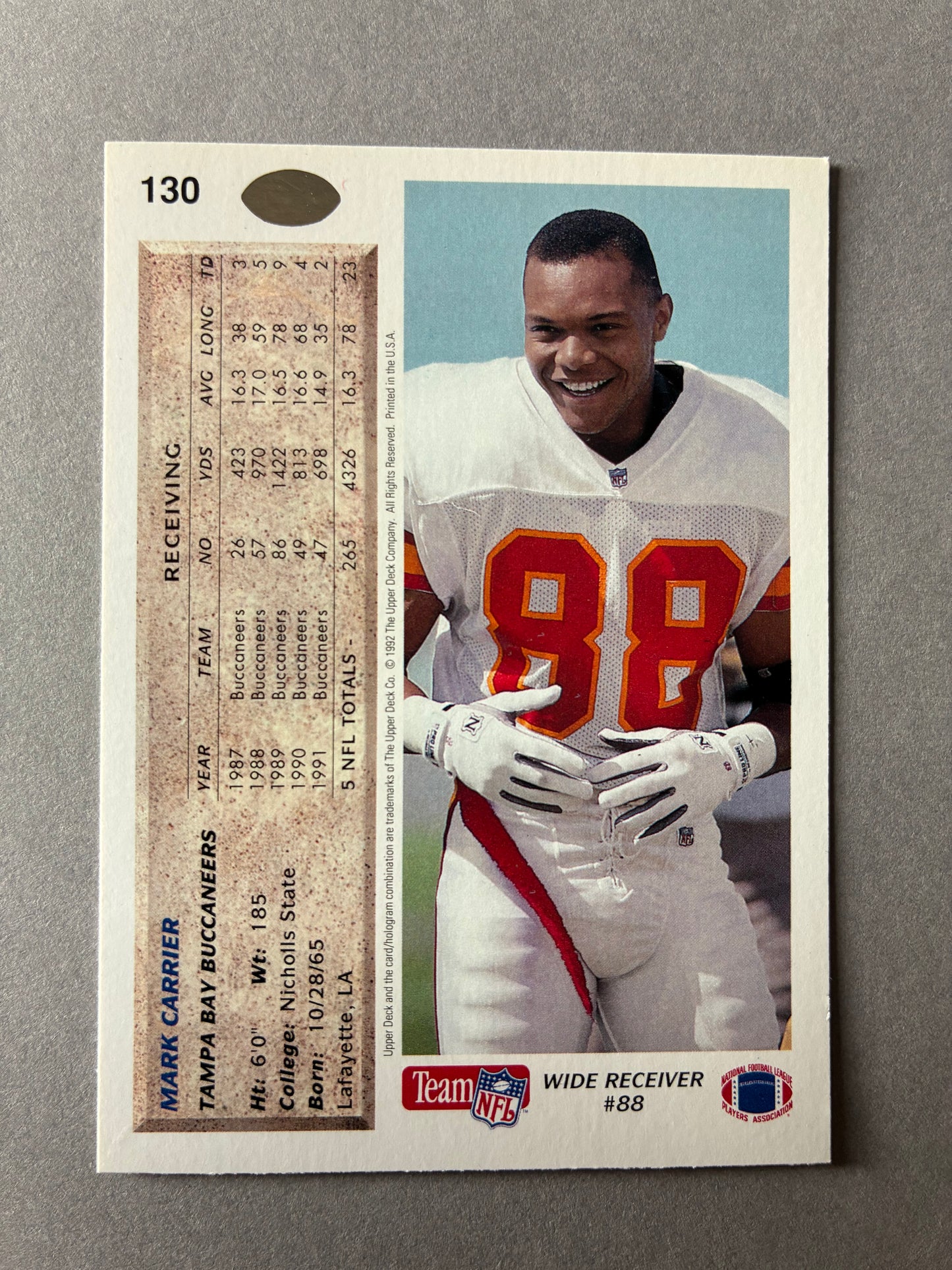 1992 UPPER DECK - MARK CARRIER #130 (TAMPA BAY BUCCANEERS)