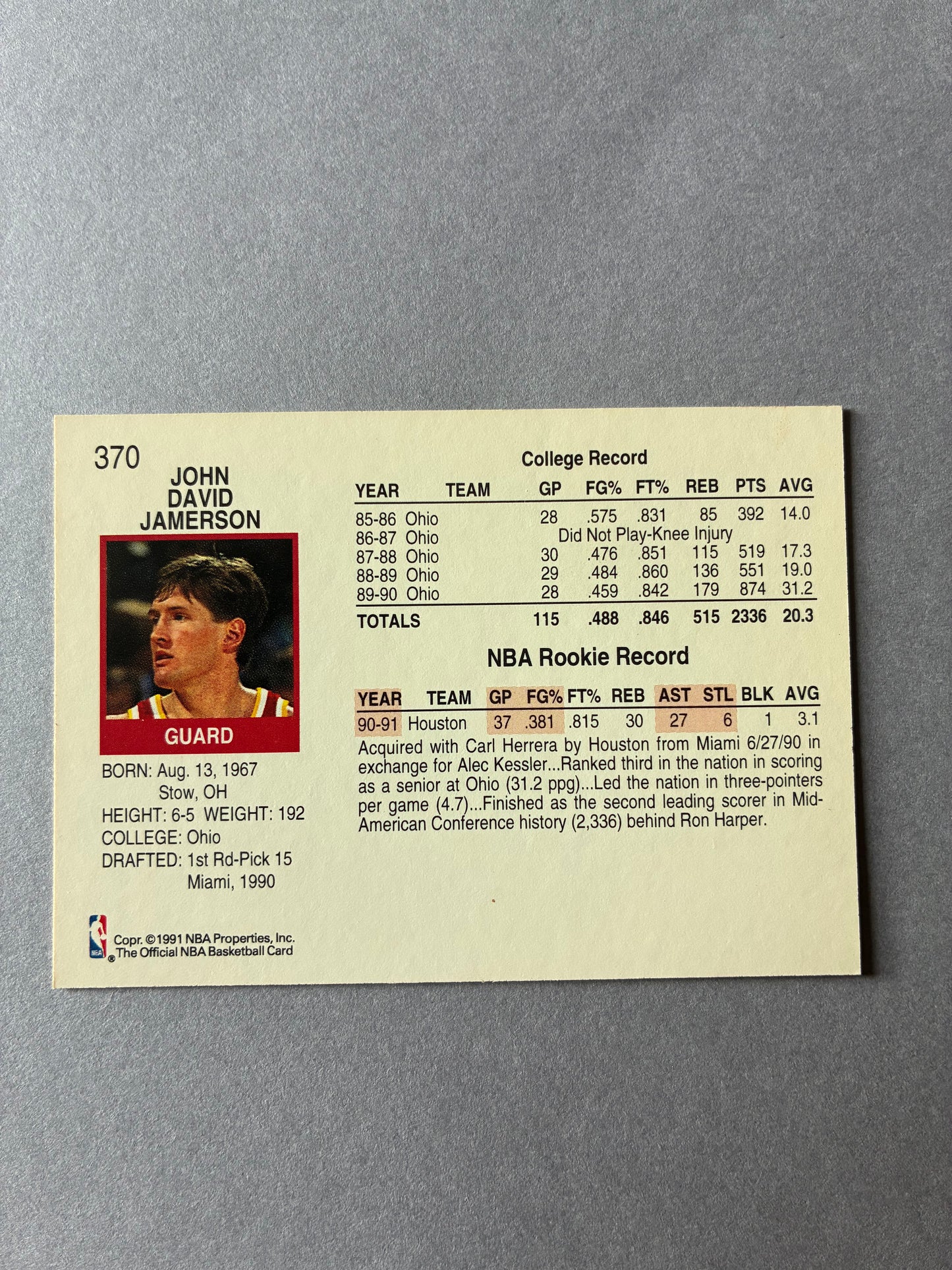 1991 NBA HOOPS - JOHN DAVID JAMERSON #370 (HOUSTON ROCKETS)
