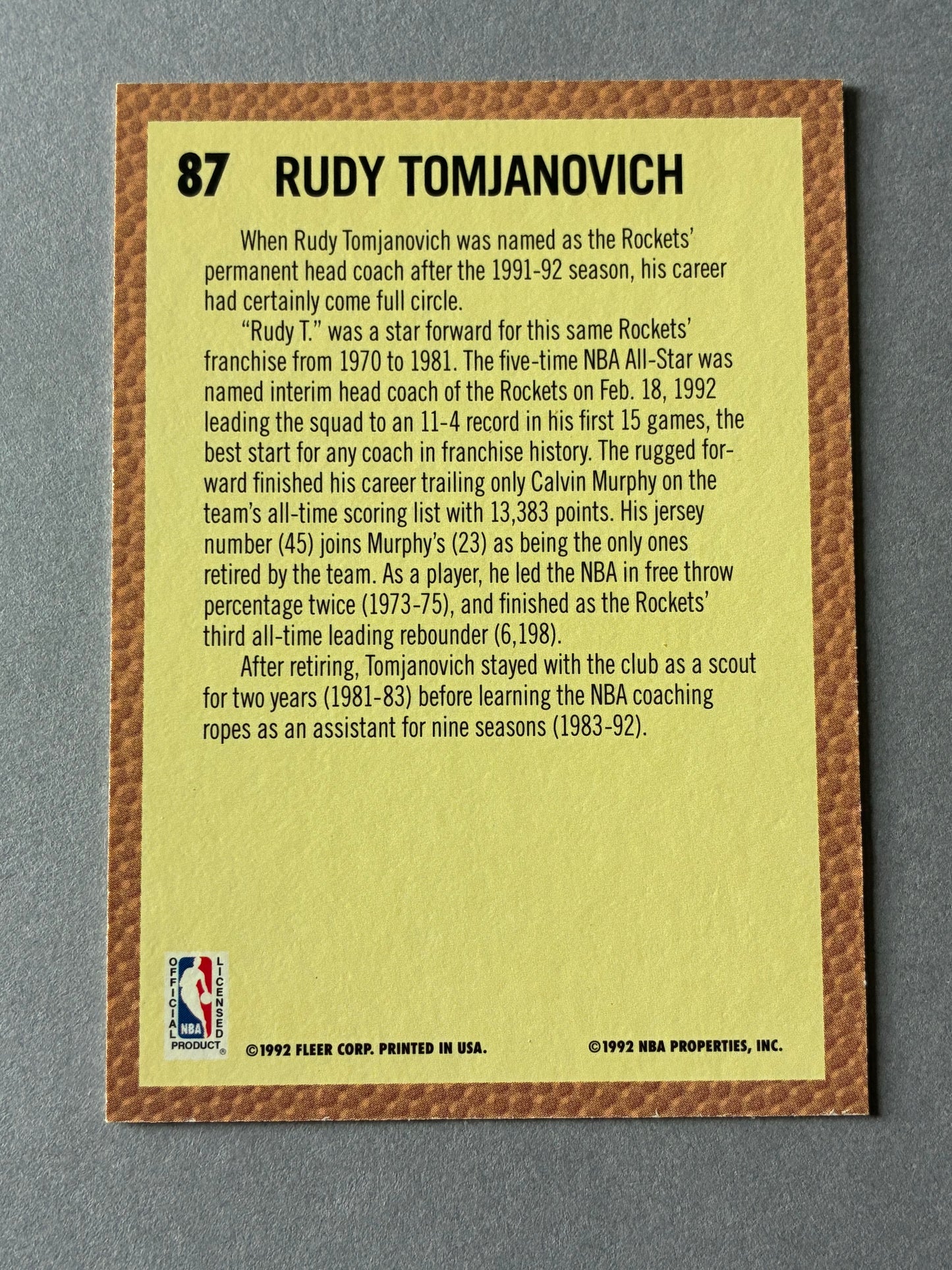1992-93 FLEER - RUDY TOMJANOVICH (COACH) #87 (HOUSTON ROCKETS)
