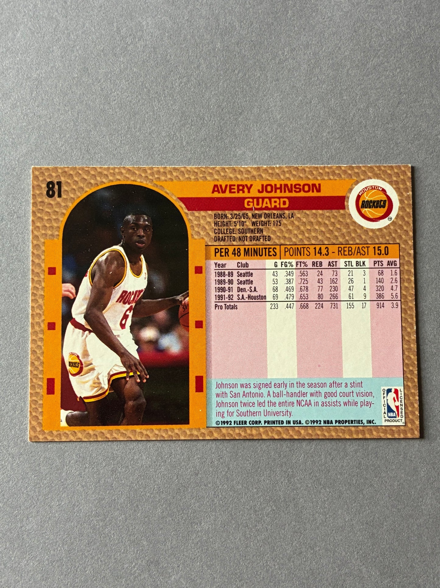 1992-93 FLEER - AVERY JOHNSON #81 (HOUSTON ROCKETS)