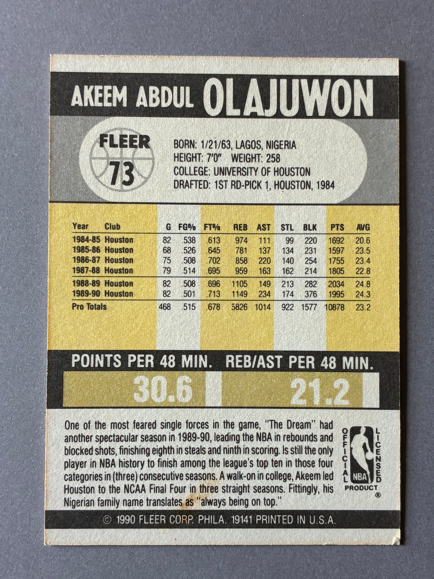 1990 FLEER - AKEEM OLAJUWON #73 (HOUSTON ROCKETS)