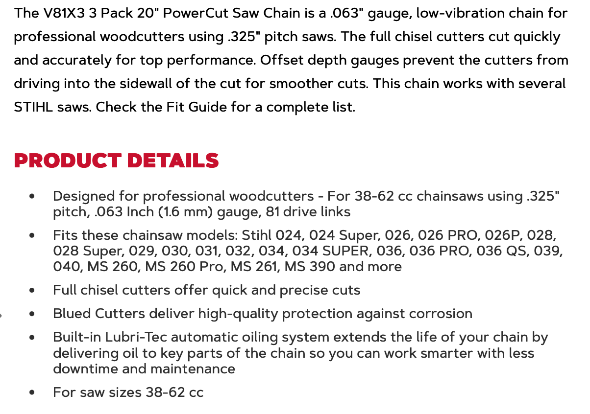 OREGON V81X3 CHAINSAW REPLACEMENT CHAIN 20" .063" GUAGE LOW VIBRATION POWER CUT