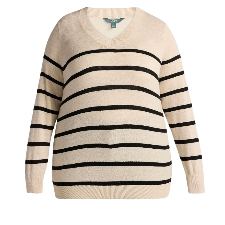 TERRA & SKY WOMEN'S PLUS SIZE V-NECK SWEATER - OATMEAL HEATHER STRIPE