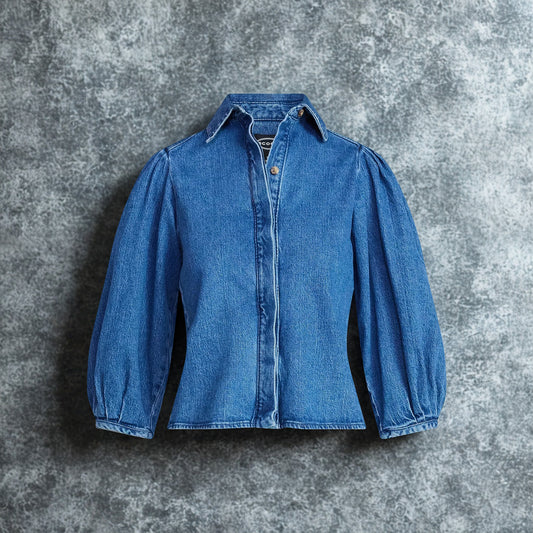 SCOOP WOMEN'S DENIM SHIRT WITH 3/4 LENGTH PUFF SLEEVES - SIZE SMALL (4-6)