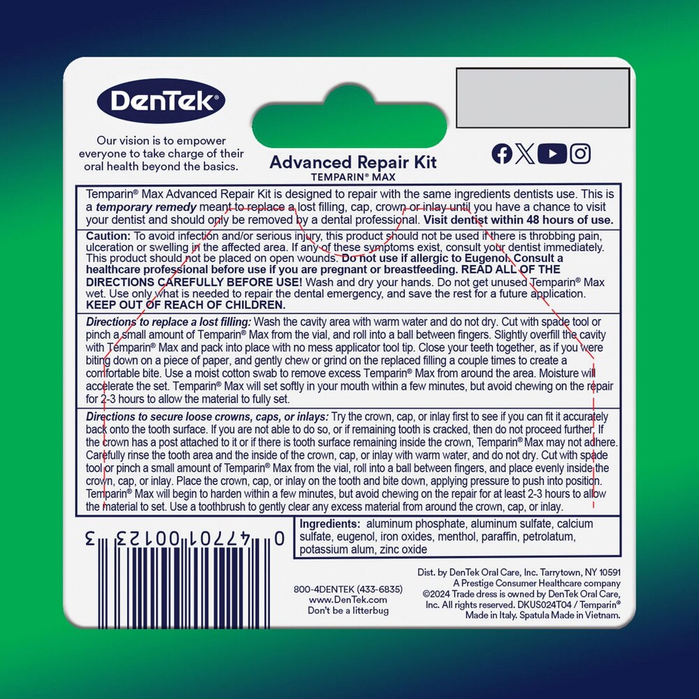 DENTEK TEMPARIN MAX ADVANCED TOOTH REPAIR KIT, AGES 13+, PAIN RELIEF, 2-IN-1 KIT