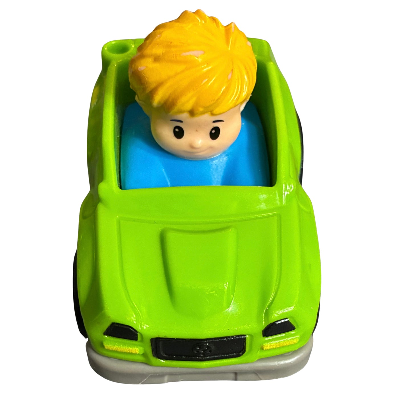 MATTEL LITTLE PEOPLE BLONDE BOY GREEN CAR 2016 PRE OWNED