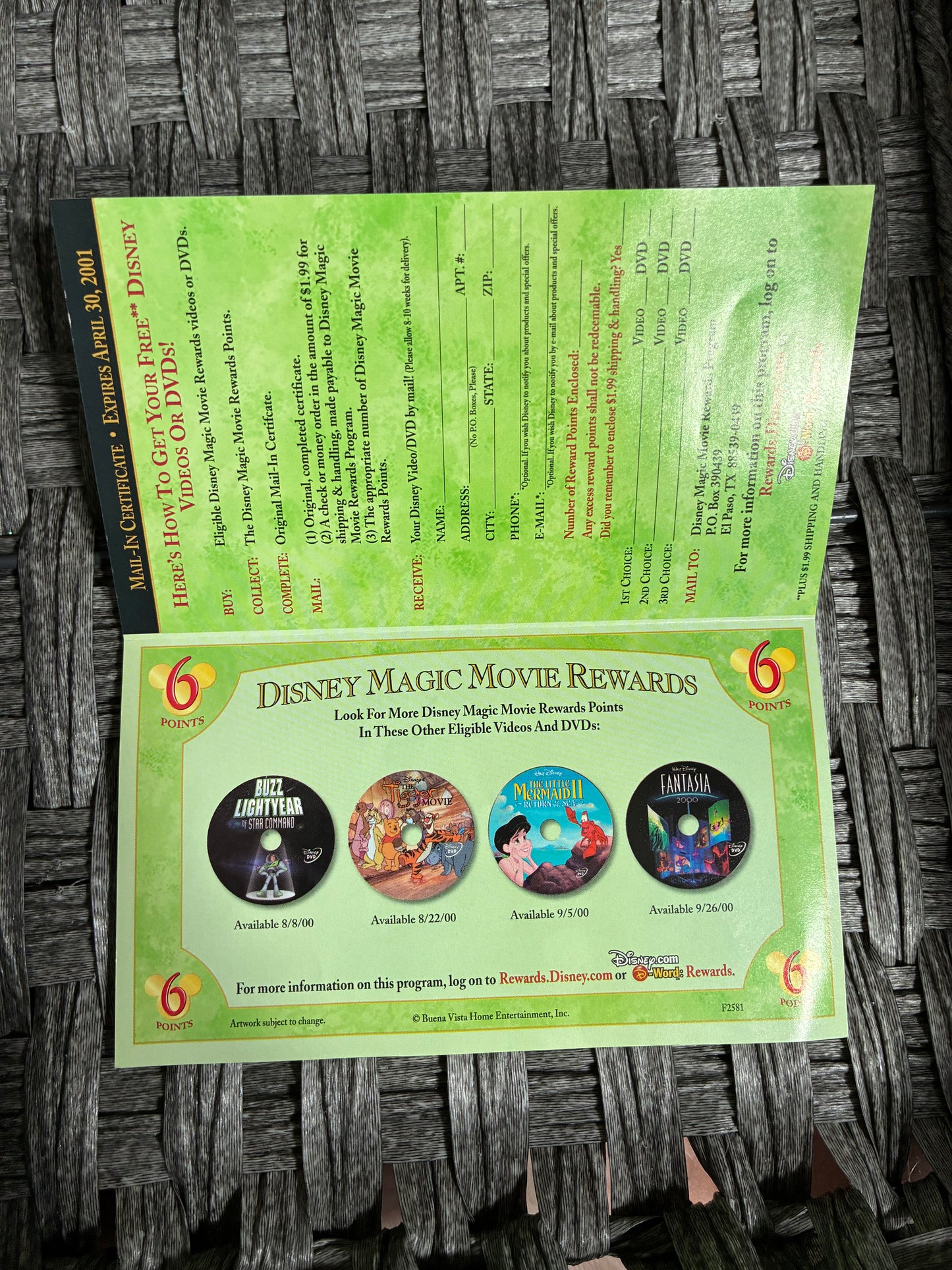VINTAGE 2000S DISNEY MAGIC MOVIE REWARDS 6 POINTS DOLLAR MAILER AND ENVELOPE