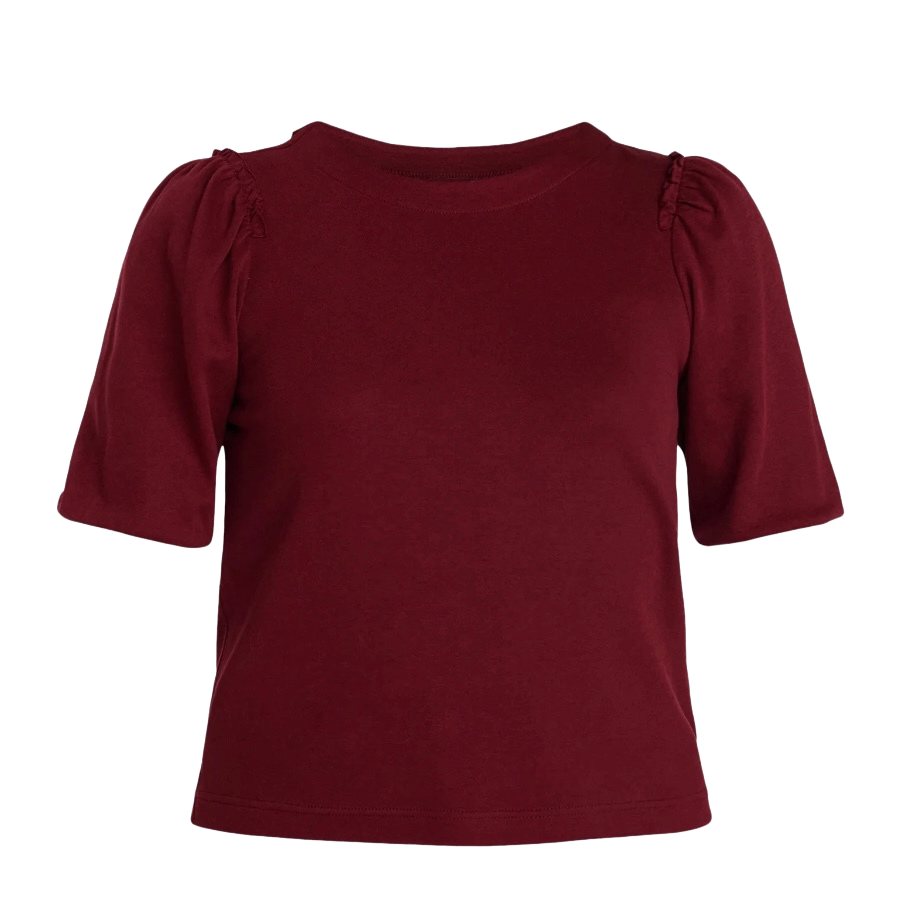 TIME AND TRU WOMEN'S COTTON CREWNECK TEE WITH PUFF SLEEVES - MAROON SUPREME