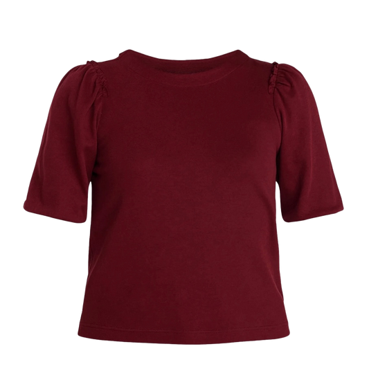 TIME AND TRU WOMEN'S COTTON CREWNECK TEE WITH PUFF SLEEVES - MAROON SUPREME