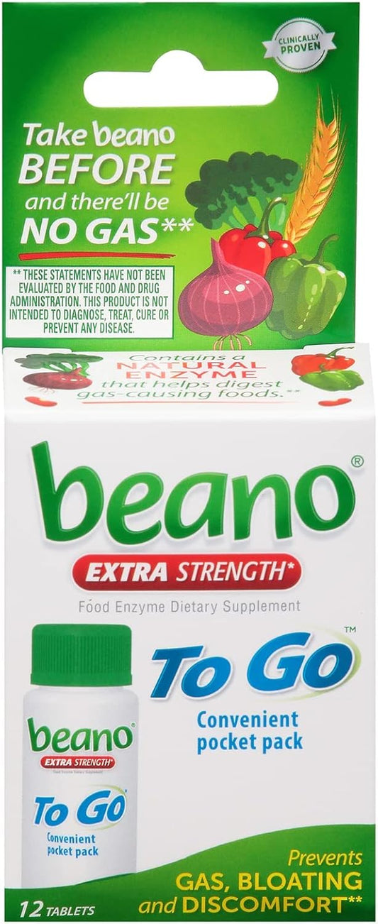BEANO EXTRA STRENGTH TO GO POCKET PACK 12 TABLETS EXP 12/2026 GAS RELIEF