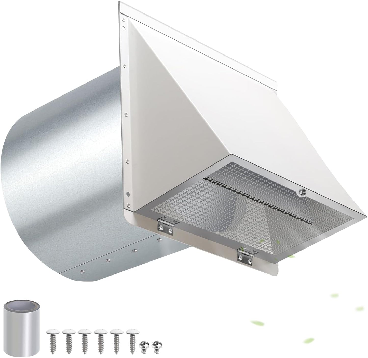 8 INCH HOODED WALL VENT WITH SCREEN AND DAMPER, OUTDOOR WALL EXHAUST VENT COVER WHITE