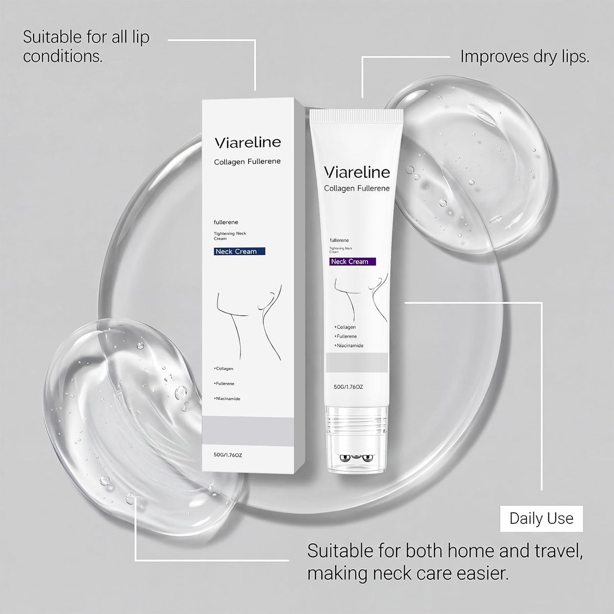 VIARELINE COLLAGEN FULLERENE TIGHTENING NECK CREAM 1.76OZ NIACINAMIDE EXP. 2029