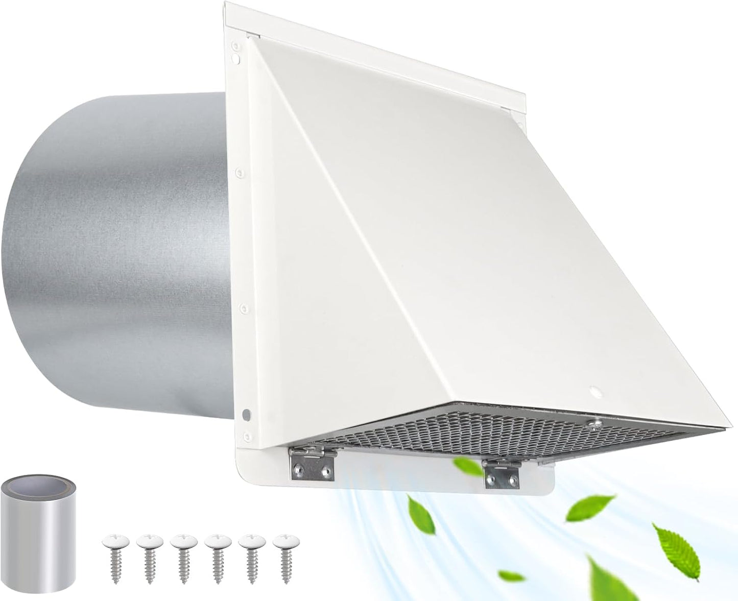 8 INCH HOODED WALL VENT WITH SCREEN AND DAMPER, OUTDOOR WALL EXHAUST VENT COVER WHITE
