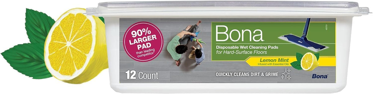 BONA DISPOSABLE WET CLEANING PADS FOR HARD SURFACE FLOORS, LEMON MINT, 12CT