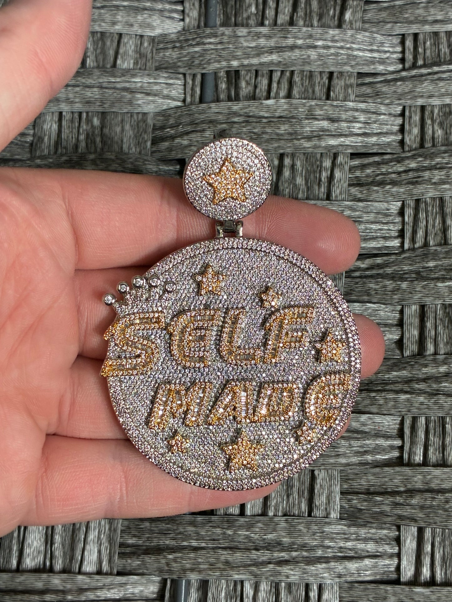 GENERIC ICED OUT SHINY LETTER SELF MADE ROUND METAL PENDANT