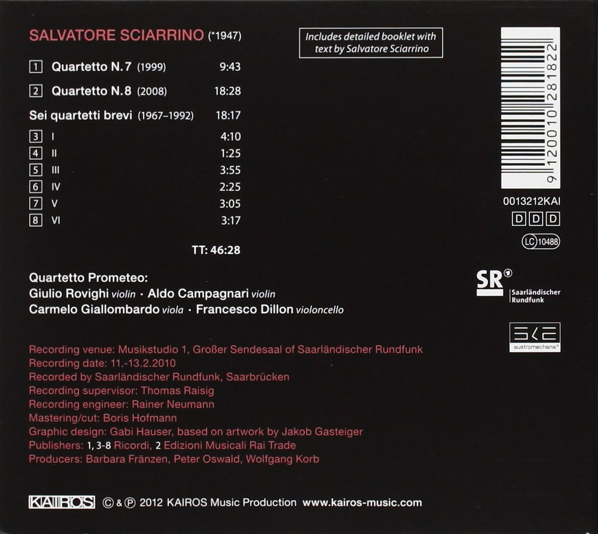 QUARTETTO N.7 & N.8, SEI QUARTETTI BREVI SALVATORE SCIARRINO PROMETEO NEW SEALED