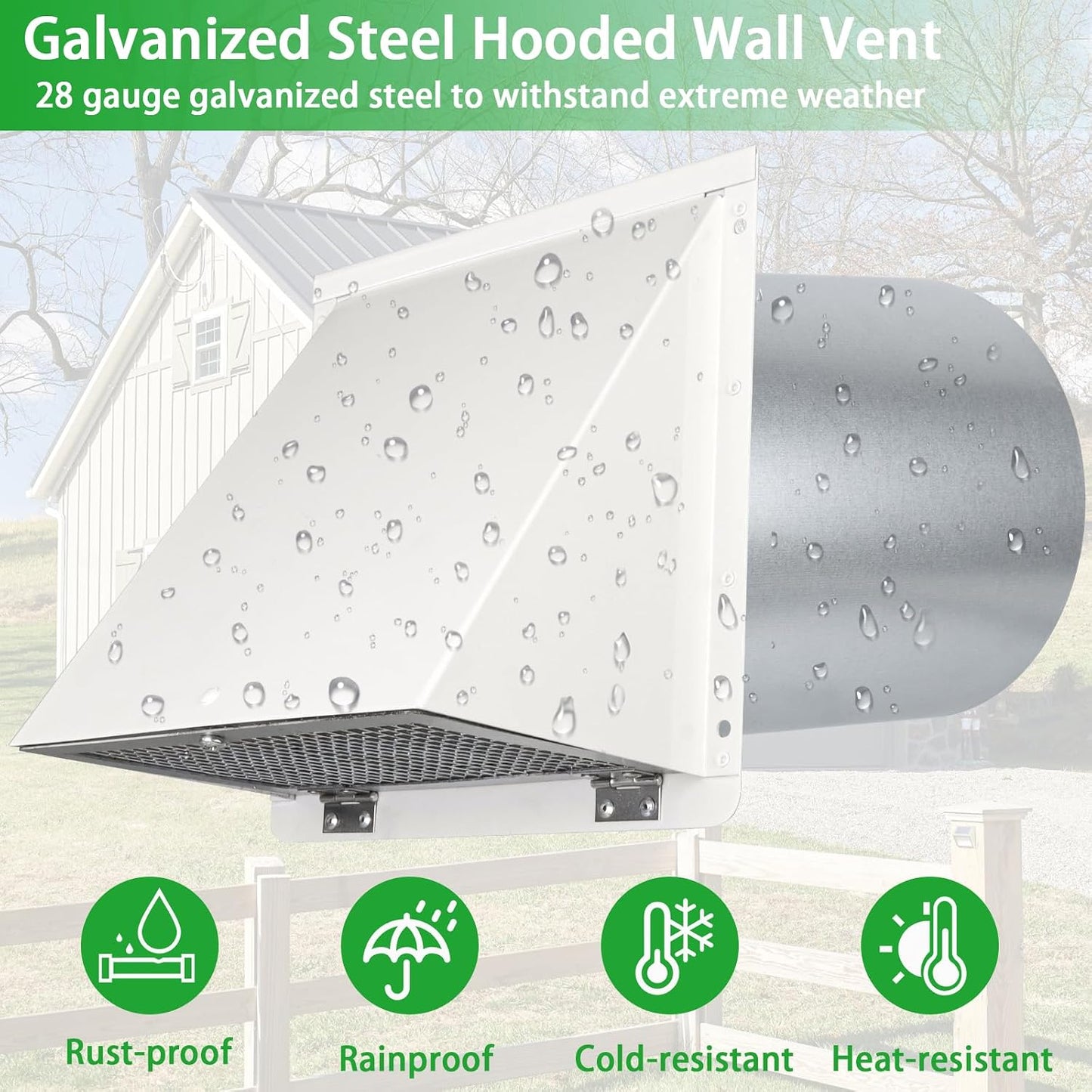 8 INCH HOODED WALL VENT WITH SCREEN AND DAMPER, OUTDOOR WALL EXHAUST VENT COVER WHITE