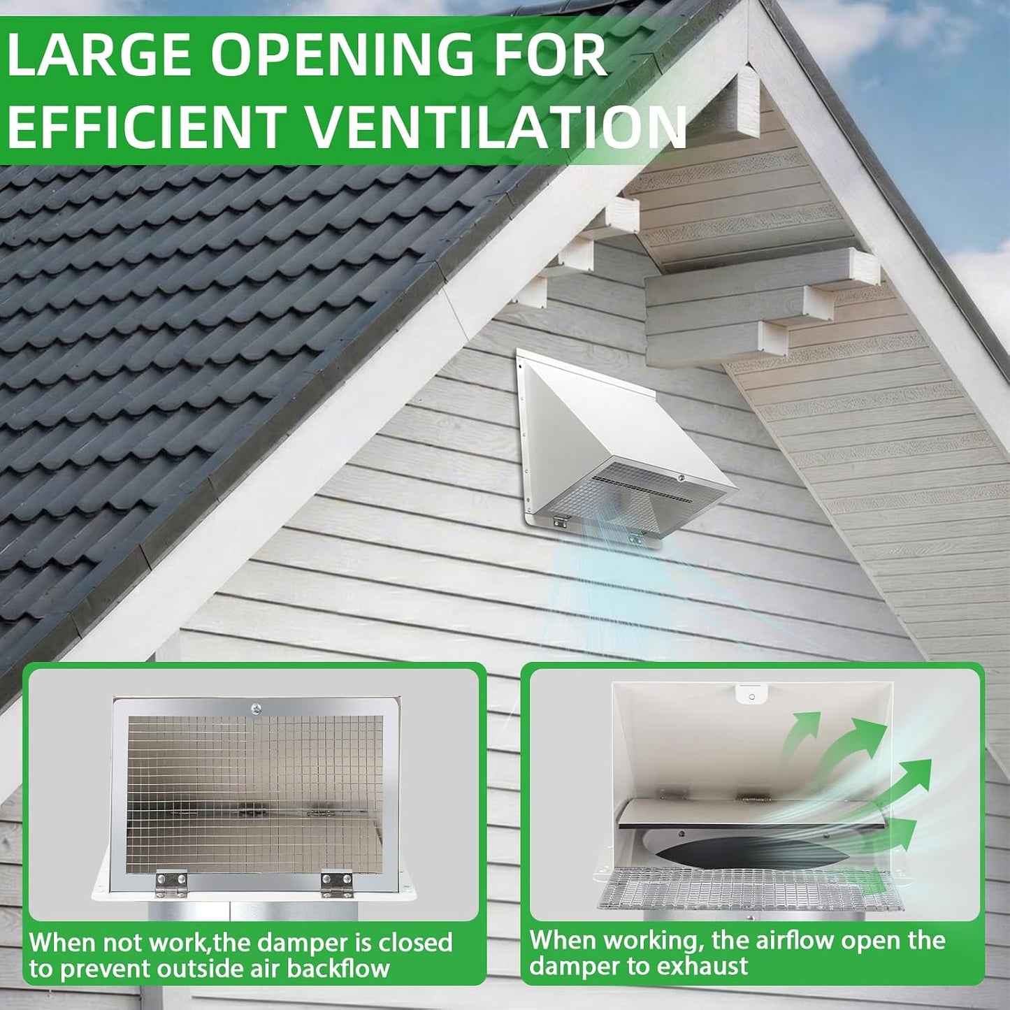 8 INCH HOODED WALL VENT WITH SCREEN AND DAMPER, OUTDOOR WALL EXHAUST VENT COVER WHITE