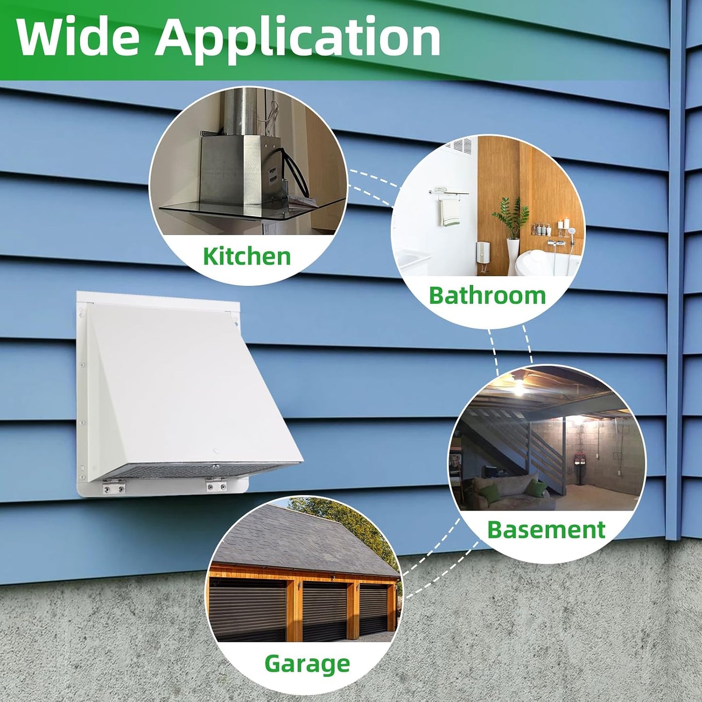 8 INCH HOODED WALL VENT WITH SCREEN AND DAMPER, OUTDOOR WALL EXHAUST VENT COVER WHITE