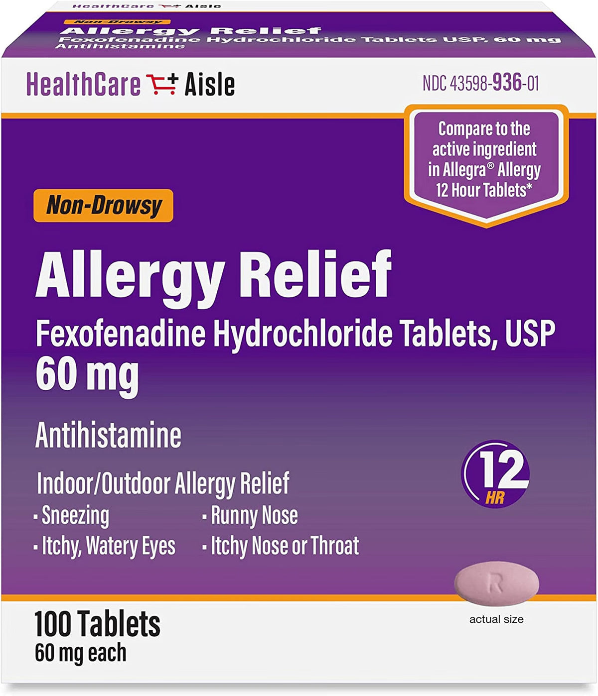HEALTHCARE AISLE ALLERGY RELIEF FEXOFENADINE HYDROCHLORIDE 100 TAB 60MG EXP 2027