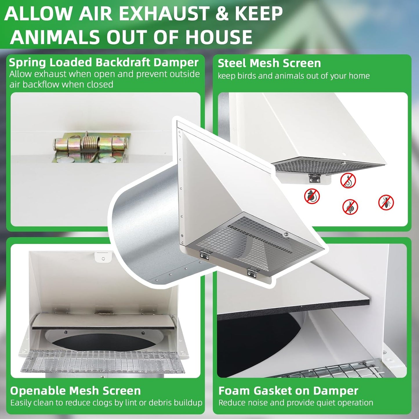 8 INCH HOODED WALL VENT WITH SCREEN AND DAMPER, OUTDOOR WALL EXHAUST VENT COVER WHITE