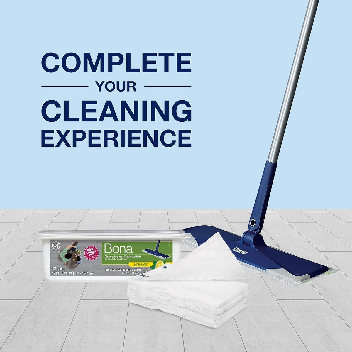 BONA DISPOSABLE WET CLEANING PADS FOR HARD SURFACE FLOORS, LEMON MINT, 12CT