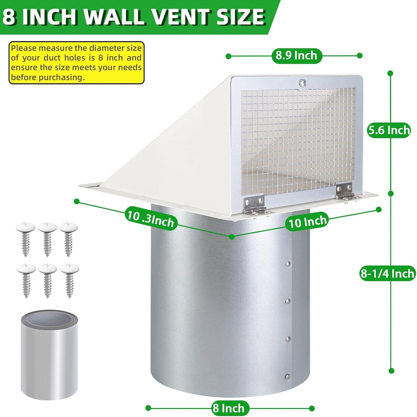 8 INCH HOODED WALL VENT WITH SCREEN AND DAMPER, OUTDOOR WALL EXHAUST VENT COVER WHITE