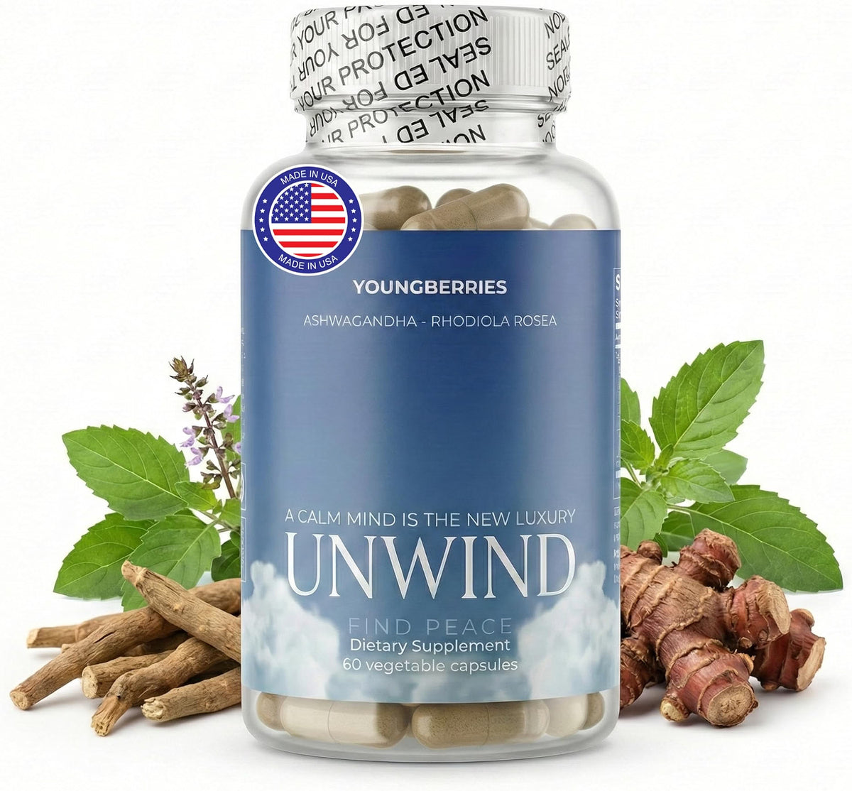 YOUNGBERRIES CORTISOL SUPPLEMENT ASHWAGANDHA STRESS REDUCER NATURAL MADE IN USA