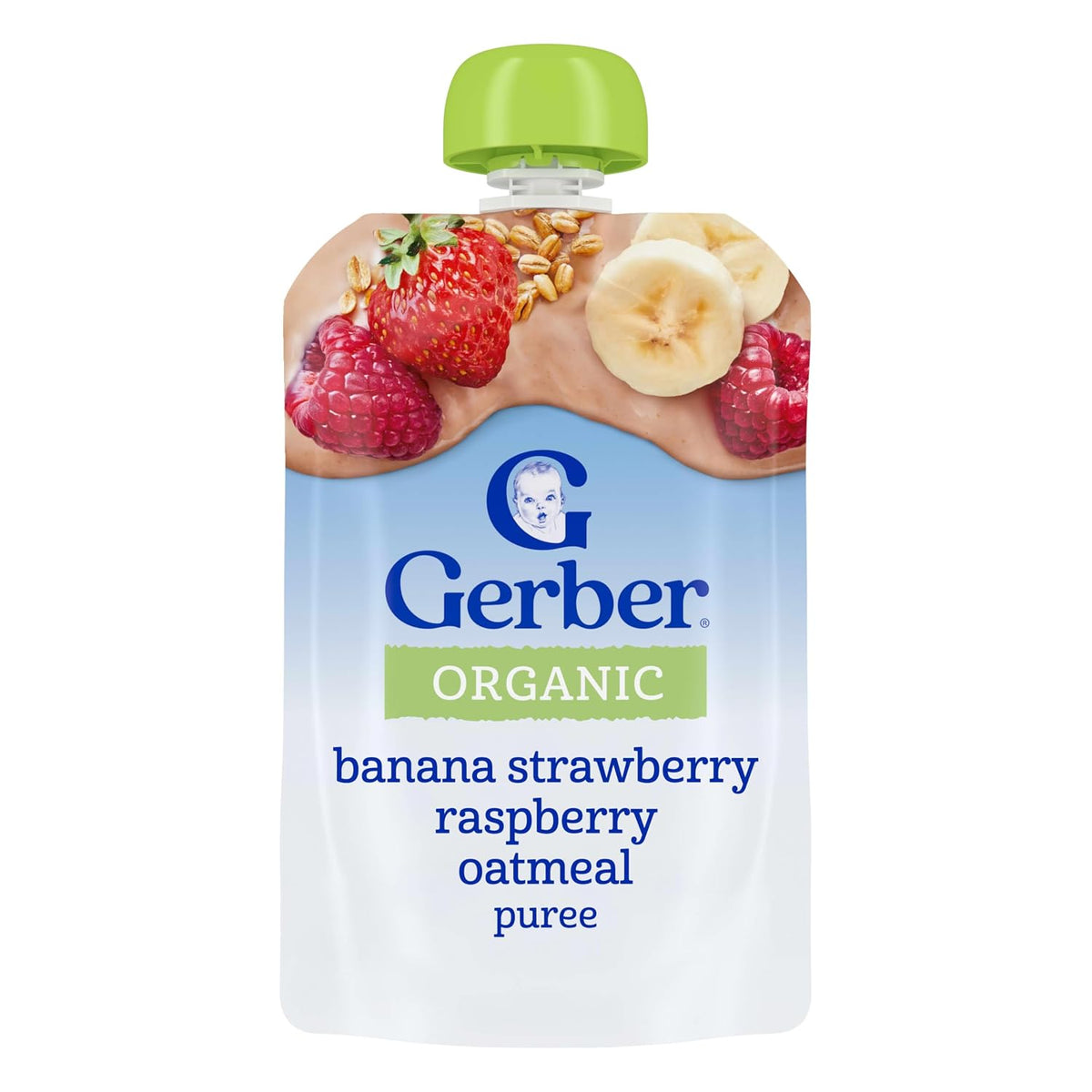 GERBER ORGANIC BANANA STRAWBERRY RASPBERRY OATMEAL PUREE 3.5OZ POUCH