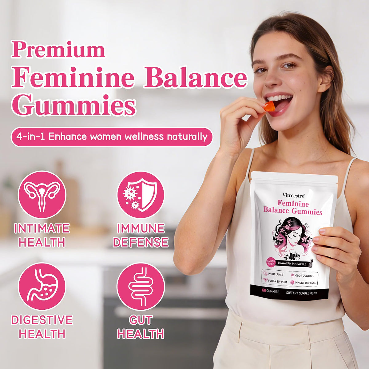 WOMENS WELLNESS GUMMIES, HAWAIIAN PINEAPPLE SUGAR FREE, 60CT, FEMININE BALANCE