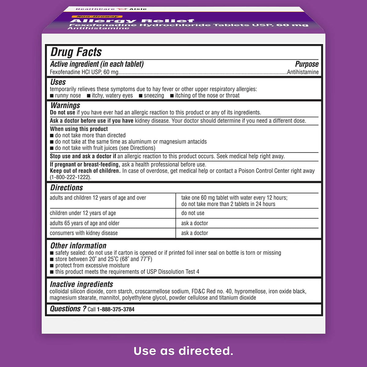 HEALTHCARE AISLE ALLERGY RELIEF FEXOFENADINE HYDROCHLORIDE 100 TAB 60MG EXP 2027