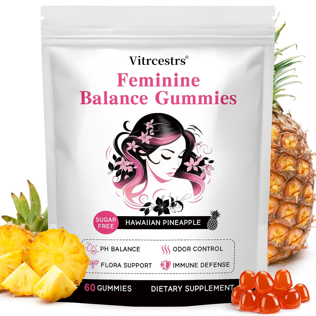 WOMENS WELLNESS GUMMIES, HAWAIIAN PINEAPPLE SUGAR FREE, 60CT, FEMININE BALANCE
